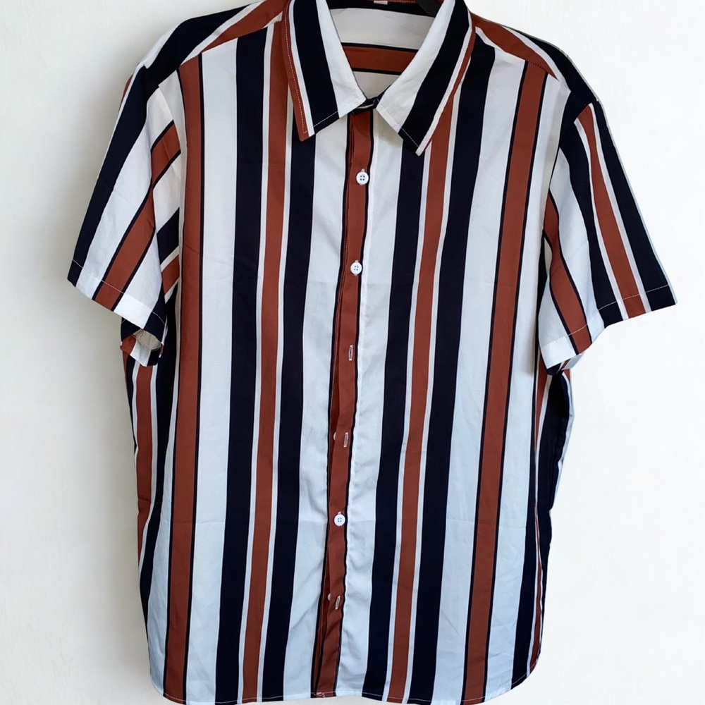Striped Men's Shirt - Black, White, and Brown - Size Large